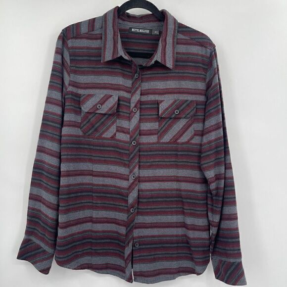 Metal Mulisha Button-Up Red Black Gray Knitted Stripes Long Sleeve Shirt XL - Picture 1 of 7
